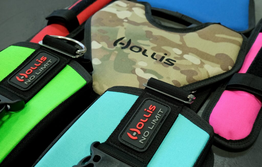 display of color options for the Hollis scuba backplate and wing buoyancy control device